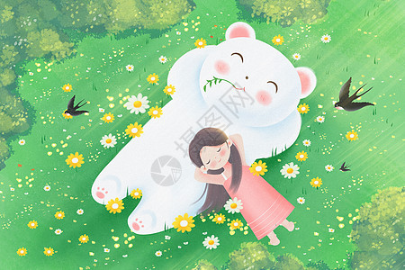 治愈春天女孩和熊躺在草地上休息插画背景图片