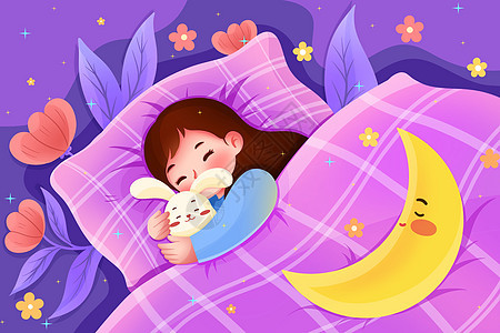 睡觉的可爱小女孩晚安插画背景图片