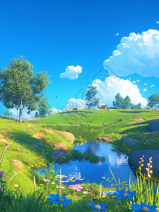 蓝天白云下绿色山中一条蓝色清新的卡通小溪图片
