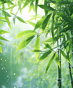 水珠雨中唯美的绿色卡通竹林插画