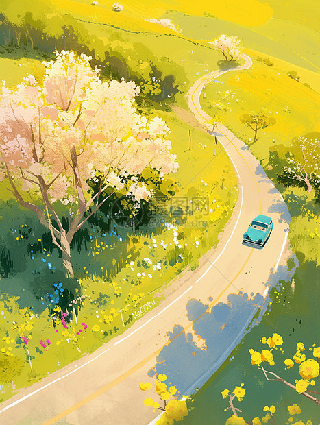 春天行驶在山中的小的汽车图片