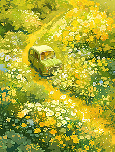 开满鲜花的春天小路上行驶着一辆汽车图片