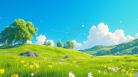 山坡春天蓝天白云下开满了鲜花插画