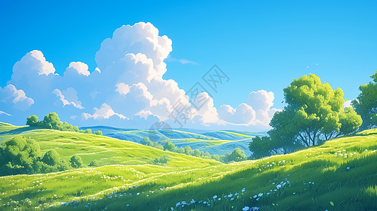 山坡春天蓝天白云下的草地上开满了鲜花插画
