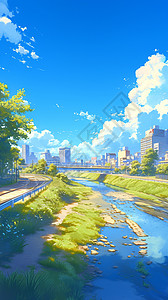 春天蓝天白云下城市边的河卡通风景图片