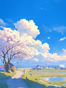 蓝天白云下小小的村庄唯美春天卡通风景图片