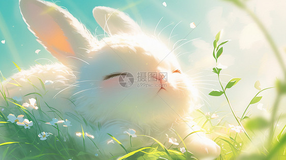 卡通小白兔趴在草丛中图片