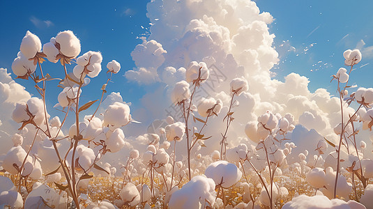 晴朗的天空下一大片丰收的棉花田图片