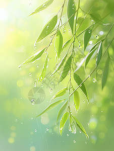 雨中清新绿色唯美的树叶图片
