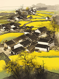 村庄田地间黄色唯美的油菜花手绘风唯美卡通风景图片