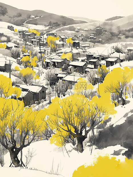春天村庄田地间盛开着黄色唯美的油菜花手绘风格图片