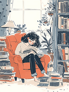 坐在沙发上看书的可爱卡通小女孩水彩风插画图片