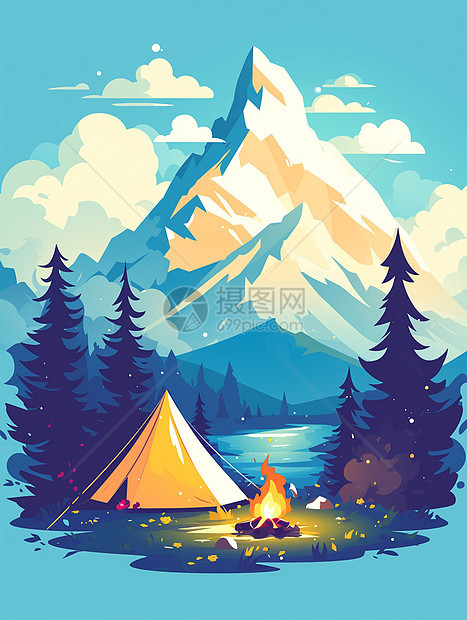 春天在森林湖边一座露营帐篷图片