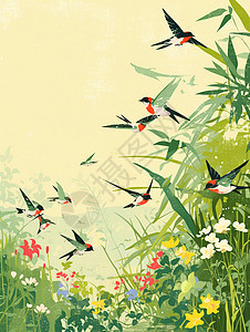 春天飞舞中的几只可爱的卡通小鸟图片