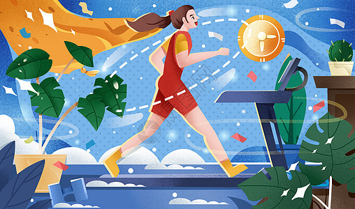 扁平风健康运动跑步机上跑步女生插画图片