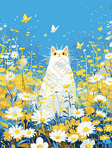 在小雏菊花丛中一只可爱的卡通小白猫图片