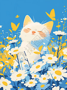 小雏菊花丛中一只可爱的卡通小白猫图片