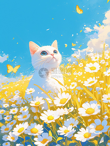 花丛中一只可爱的卡通小白猫图片
