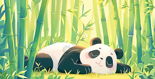竹林中悠闲休息的卡通大熊猫高清图片