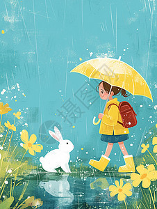 雨中打着伞的可爱卡通小女孩与宠物小白兔图片
