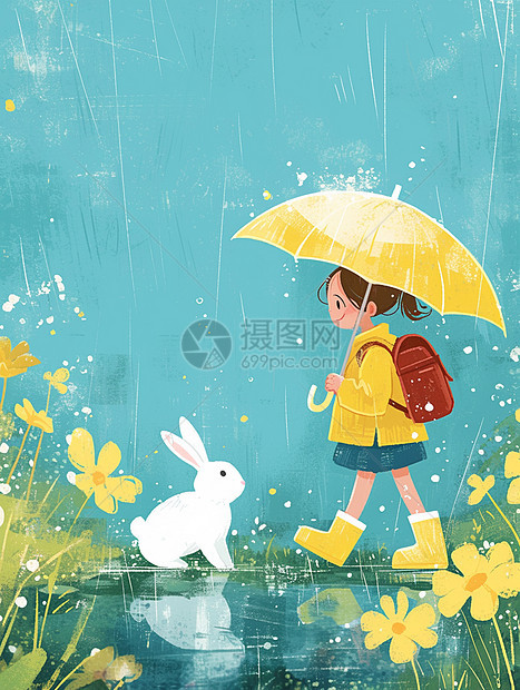 雨中打着伞的可爱卡通小女孩与宠物小白兔图片
