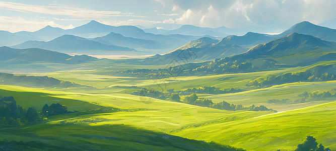 西藏草原绿草远处连绵不断的山川唯美卡通风景插画