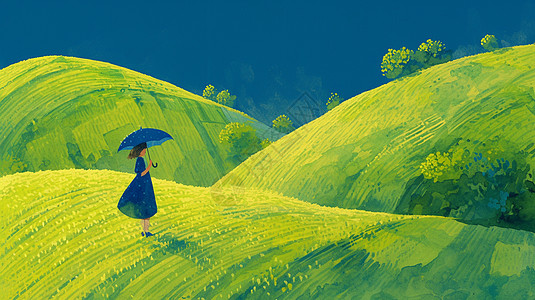 春天拿着雨伞走在山坡上的卡通女孩插画