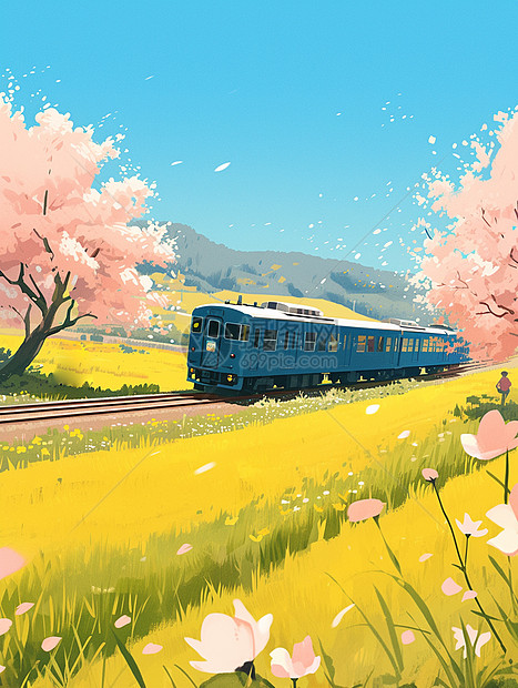 春天一辆开在田野间的卡通火车图片