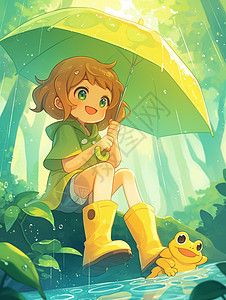 穿着黄色雨鞋撑着伞坐在雨中赏雨玩耍的开心笑的卡通小女孩图片