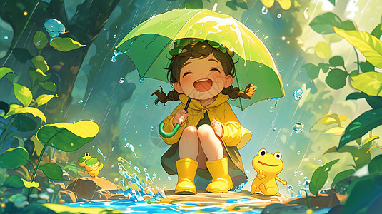 穿着黄色雨鞋坐在雨中赏雨玩耍的开心笑的卡通小女孩图片