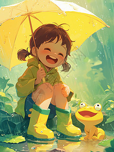 穿着黄色雨鞋撑着伞坐在雨中赏雨玩耍的开心笑的卡通小女孩图片