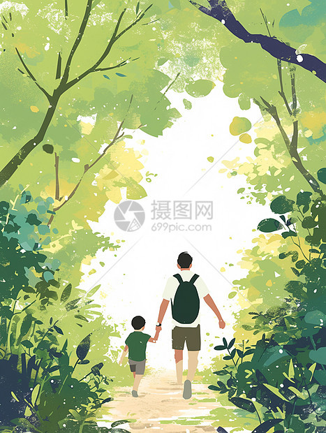 手拉着手走在森林散步的卡通父子图片