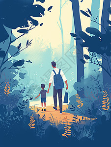 背着书包手拉着手走在森林中小路上的卡通父子背影图片