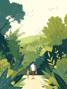背着书包手拉着手走在森林中小路上的父子背影图片