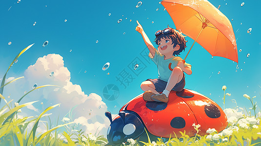 可爱的卡通小男孩手拿着雨伞坐在七星瓢虫背上开心笑高清图片