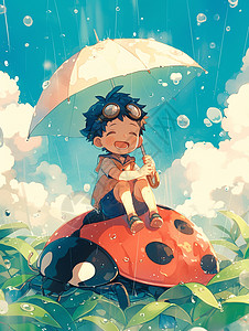 可爱的卡通小男孩手拿着雨伞坐在七星瓢虫背上开心笑高清图片