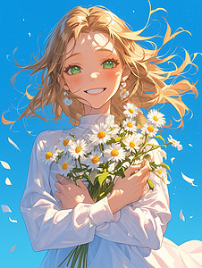 在野外怀抱着花束开心笑的卡通女孩图片