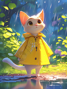 穿着黄色雨衣在雨中的可爱小花猫图片