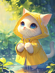 穿着黄色雨衣卡通小花猫图片