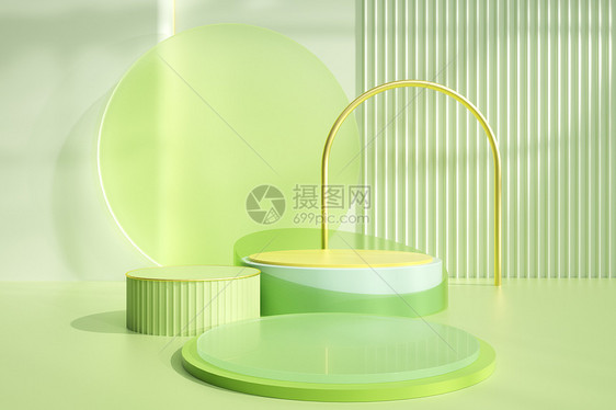 3D立体绿色春季电商几何展台图片