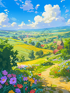 春天开满野花美丽的卡通小山坡唯美卡通风景图片