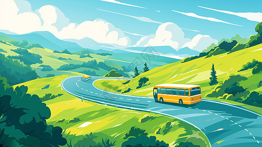 春天在山坡小路上行驶着一辆卡通小巴士车插画
