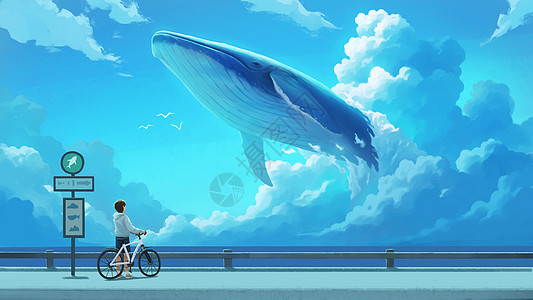 蔚蓝天海间的少年的鲸鱼背景图片