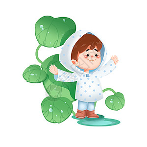 绿色可爱小女孩雨衣绿叶春天插画人物图片