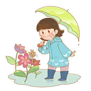 春天小孩绿色可爱小女孩雨伞小花春天插画插画