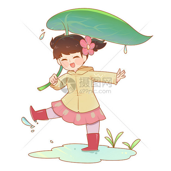 绿色可爱小女孩绿叶雨伞图片