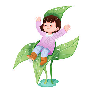 绿色可爱小女孩绿叶滑滑梯春天插画人物元素图片