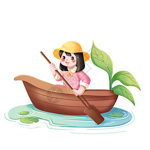 绿色可爱小女孩小船春天插画人物元素高清图片