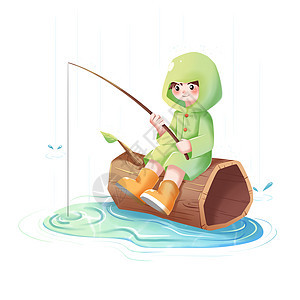绿色可爱小女孩木桩钓鱼春天插画人物元素图片