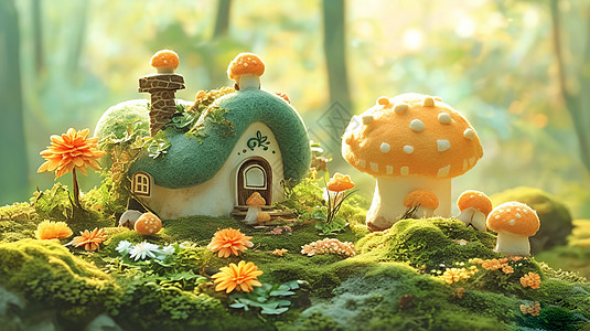 春天森林中可爱的羊毛毡卡通绿房子与蘑菇图片